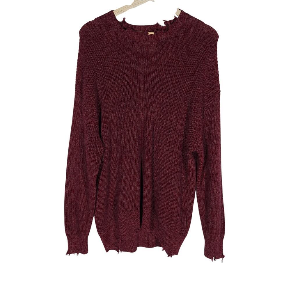 Pistola Womens Sweater Medium Burgundy Distressed Raw Hem Grunge Edgy Cozy Knit